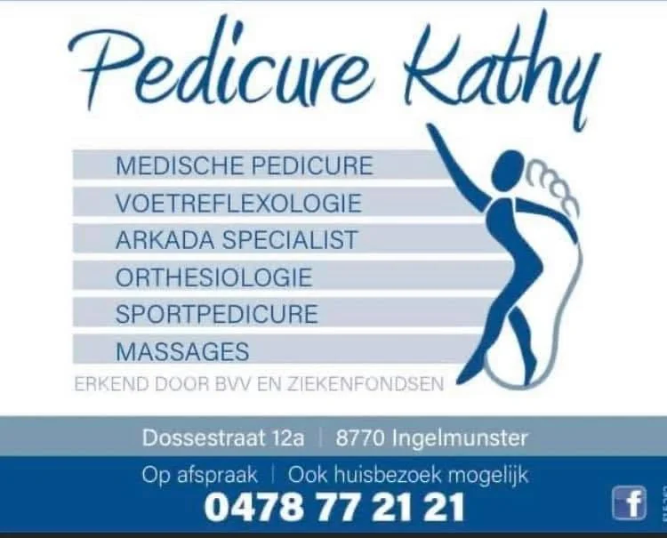 Visitekaartje van Pedicure Kathy: medische pedicure, voetreflexologie, Arkada-specialist, orthesiologie, sportpedicure en massages, erkend door BVV en ziekenfondsen